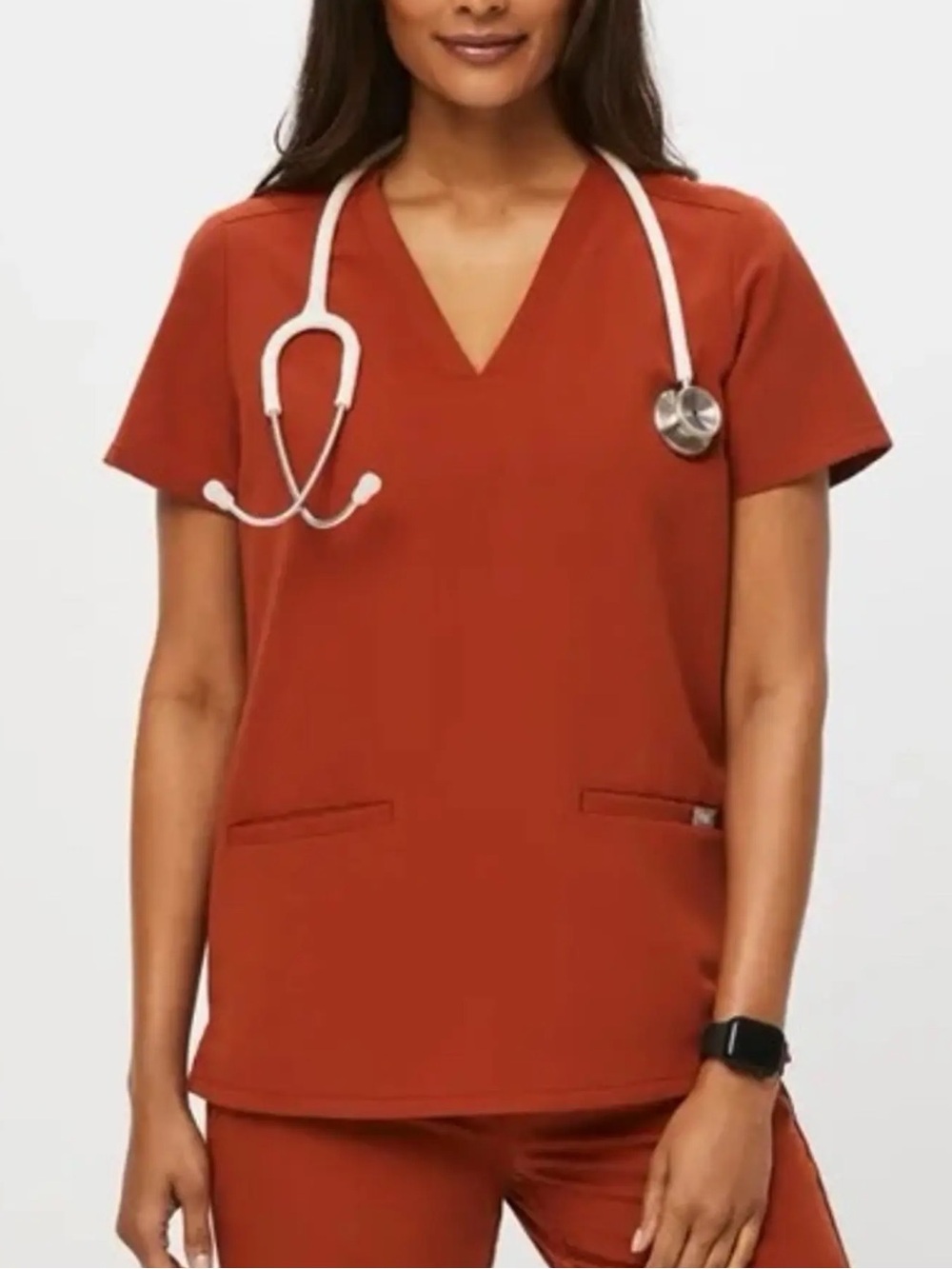 Figs Casma Scrub Top Women's V-Neck in Rust Orange